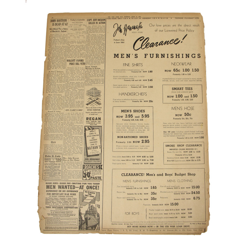 Newspaper, The Sun, New York, June 13, 1944, 'Americans Attack in Cherbourg Area'