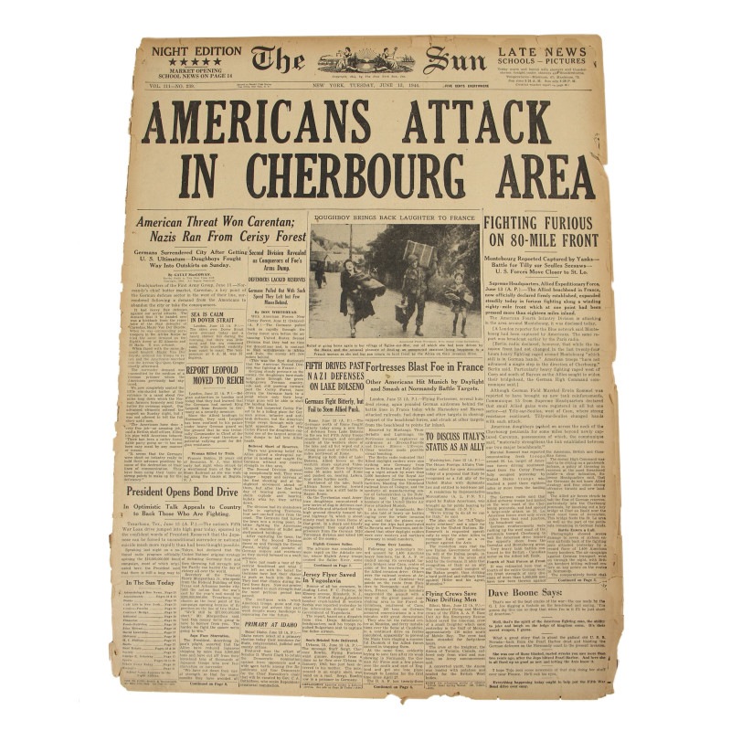 Journal, The Sun, New York, 13 juin 1944, "Americans Attack in Cherbourg Area"