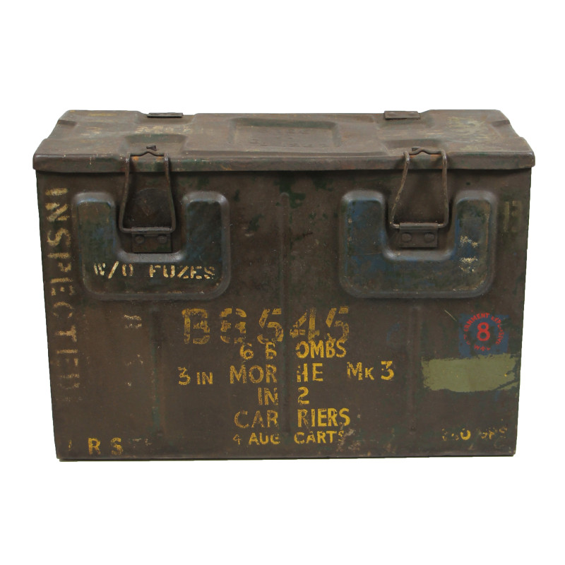 Caisse en métal pour 6 obus de mortier britannique, 1942, Normandie