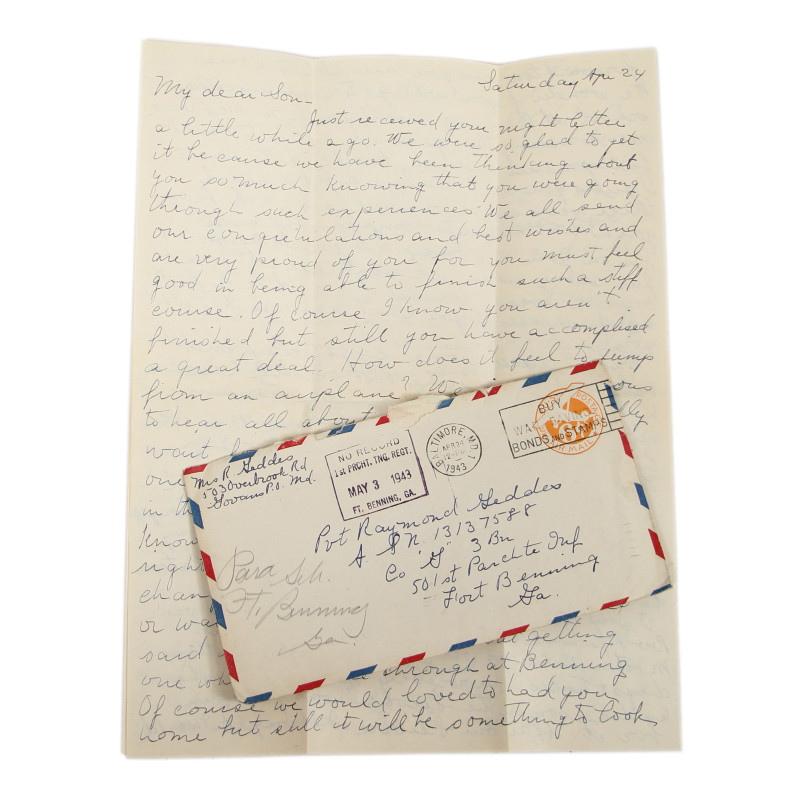Letter, Pvt. Ray Geddes, Fort Benning, 501st PIR, 1943