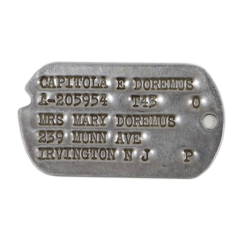Plaque d'identité, Dog Tag, Pfc. Capitola Doremus, WAC, 9th Air Force, USAAF, ETO