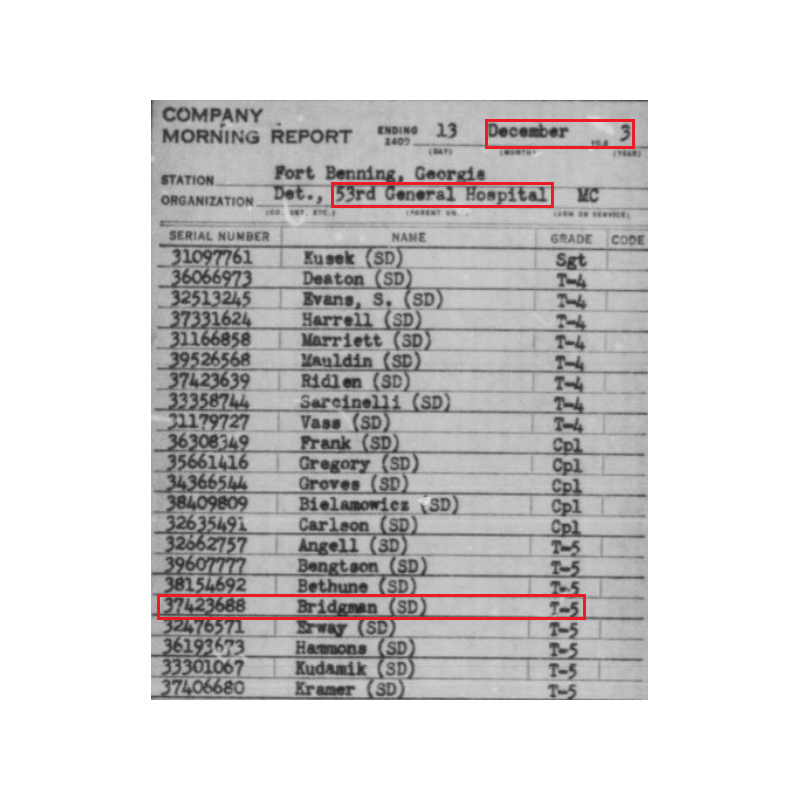 Grouping, T/5 Oris Bridgman, Medical Department, 53rd & 103rd General Hospitals, ETO