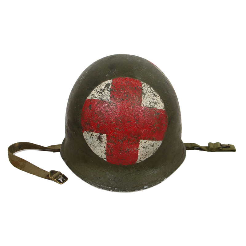 Casque M1, pattes fixes, Medic, trois croix rouges, liner SEAMAN PAPER CO., T/3 Glenn King, Alaska