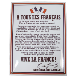 Pancarte émaillée, APPEL DU 18 juin 1940, 40 x 30 cm