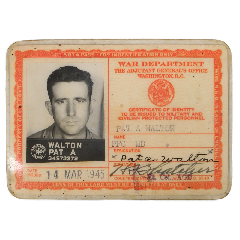 Card, Identification, Medical Department, 1945, 2nd Type, Pfc. Pat Walton, 323rd Medical Bn., 98th Infantry Division