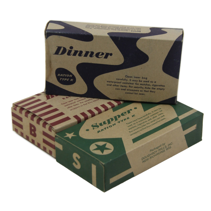 Lot de trois rations, Type K, Breakfast, Dinner, Supper, 1944, INTACTES