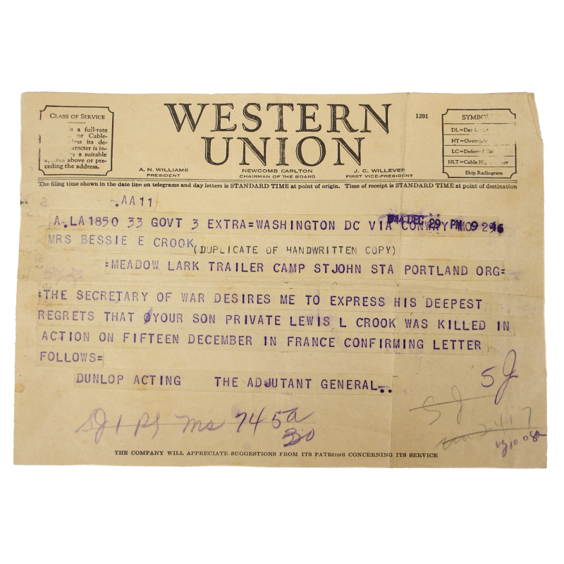 Télégramme, Pvt. Lewis Crook, Co. D, 25th Tank Bn., 14th Armored Division, KIA 15 décembre 1944, France