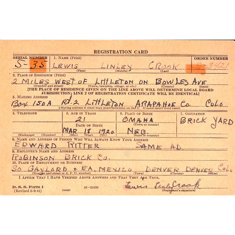 Télégramme, Pvt. Lewis Crook, Co. D, 25th Tank Bn., 14th Armored Division, KIA 15 décembre 1944, France