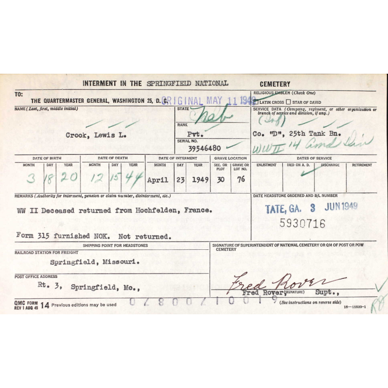 Télégramme, Pvt. Lewis Crook, Co. D, 25th Tank Bn., 14th Armored Division, KIA 15 décembre 1944, France