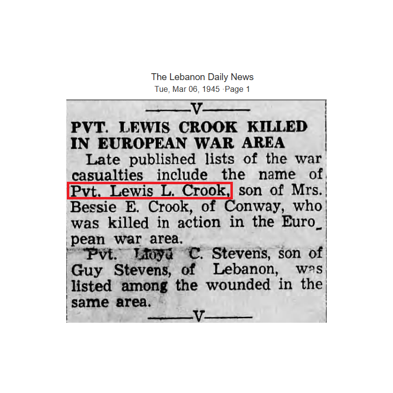 Télégramme, Pvt. Lewis Crook, Co. D, 25th Tank Bn., 14th Armored Division, KIA 15 décembre 1944, France