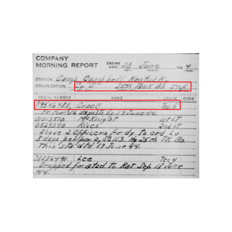 Telegram, Pvt. Lewis Crook, Co. D, 25th Tank Bn., 14th Armored Division, KIA December 14, 1944, France