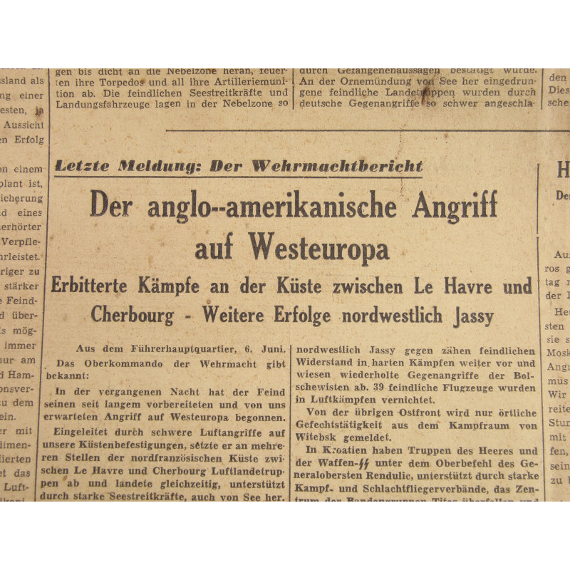 Newspaper, German, Deutsche Zeitung in den Niederlanden, June 6, 1944, 'Invasionsbeginn an der nordfranzösischen Küste'