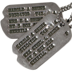 Plaques d'identité, Dog Tags, T/4 Harold Bruns, 814th Engineer Aviation Bn., MTO & ETO