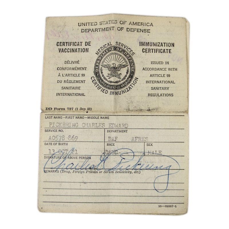 Carte, Physical Record Card, Cpt. Charles Pickering, 99th TCS, 441st TCG, 9th Air Force, USAAF, ETO