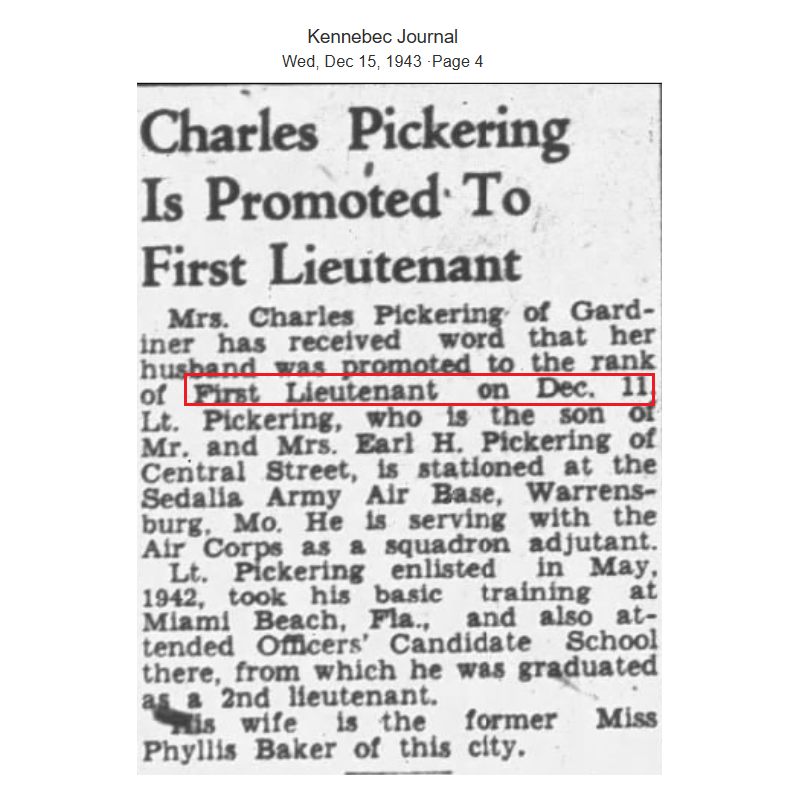 Carte, Physical Record Card, Cpt. Charles Pickering, 99th TCS, 441st TCG, 9th Air Force, USAAF, ETO