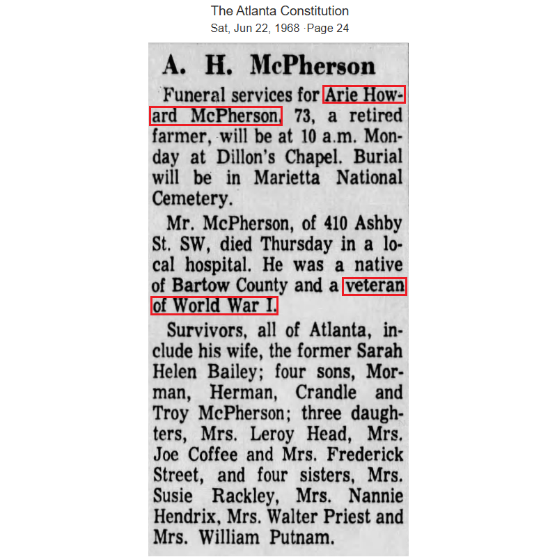 Médaille, Purple Heart, Pvt. Arie McPherson, Co. A, 328th Inf. Regt., 82nd Infantry Division, AEF, WIA, France
