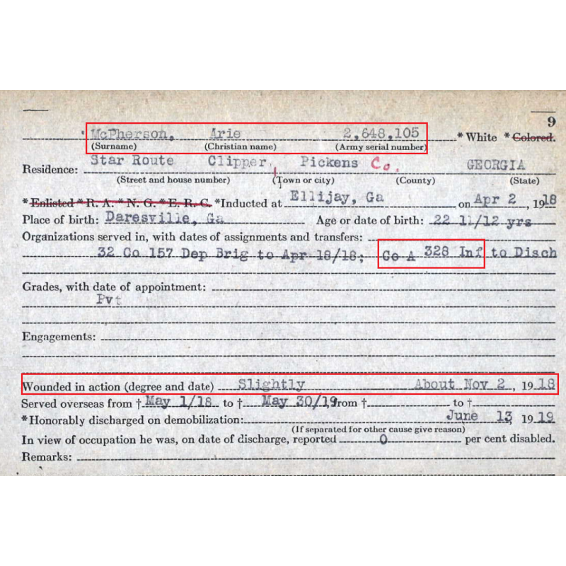 Médaille, Purple Heart, Pvt. Arie McPherson, Co. A, 328th Inf. Regt., 82nd Infantry Division, AEF, WIA, France