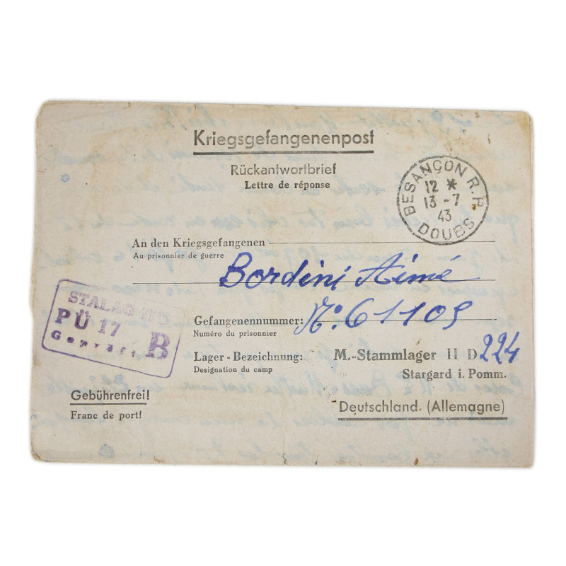 Correspondance épistolaire, 1ère classe Aimé Bordini, 26e BCP, prisonnier de guerre, Stalag II-D, 1943