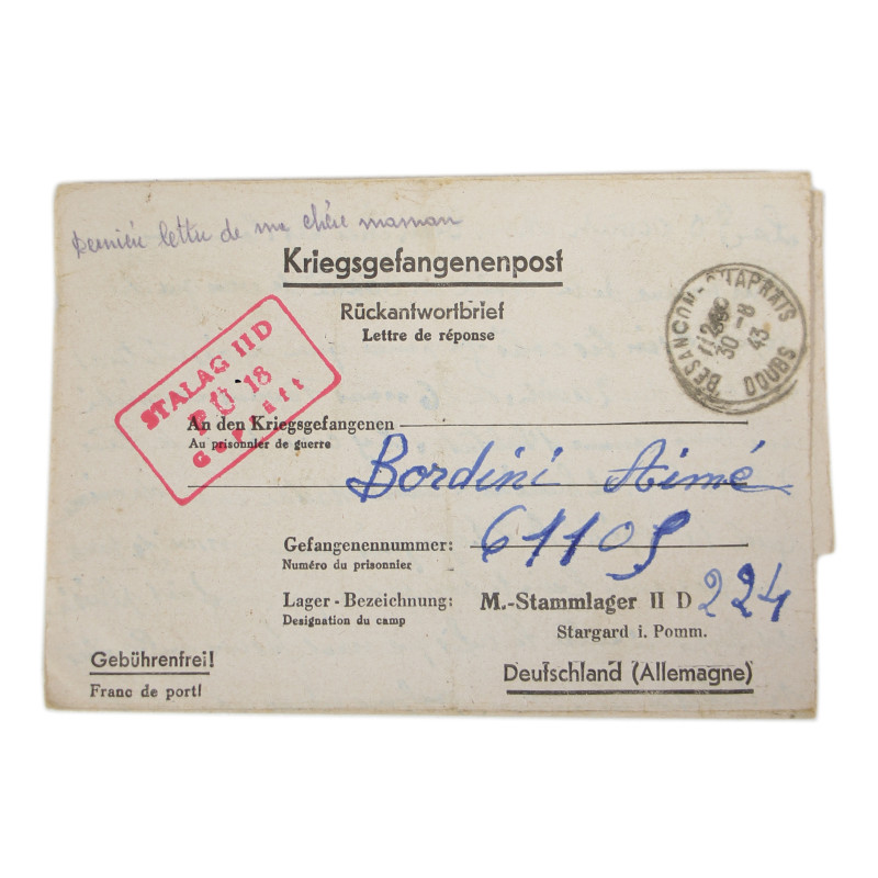 Correspondence, Epistolary, 1ère classe Aimé Bordini, 26e BCP, French POW, Stalag II-D, 1943