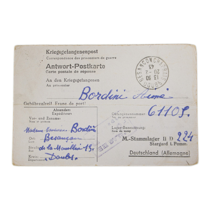 Correspondence, Epistolary, 1ère classe Aimé Bordini, 26e BCP, French POW, Stalag II-D, 1943