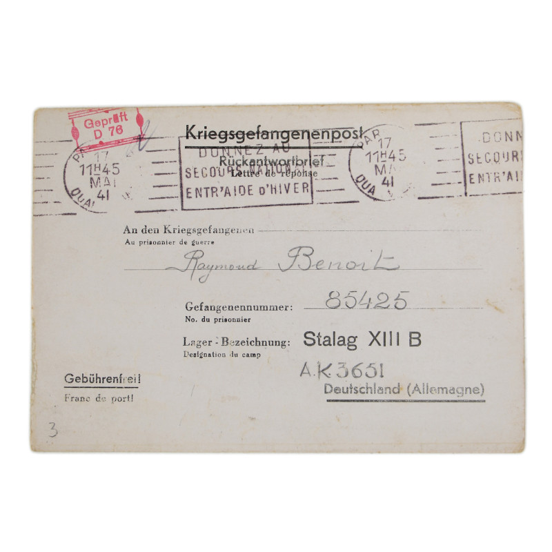Letter, Raymond Benoît, 1941 French POW, Stalag XIII-B, 1941