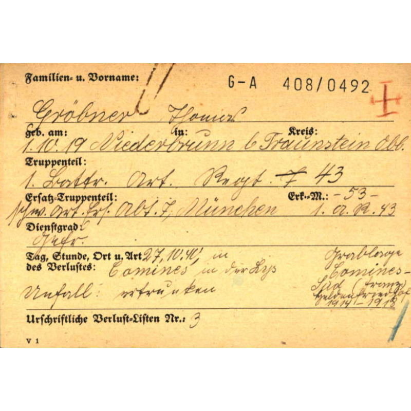 Sterbebilder, carte du souvenir, Gefr. Thomas Gröbner, Artillerie-Regiment 43, Heer, 1940