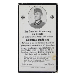 Sterbebild, Remembrance Card, Gefr. Thomas Gröbner, Artillerie-Regiment 43, Heer, 1940