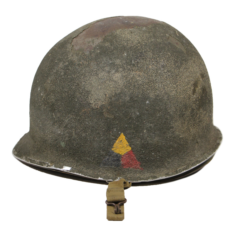 Casque M1, pattes fixes, bétonné, Armored Bn., nominatif, liner FIRESTONE