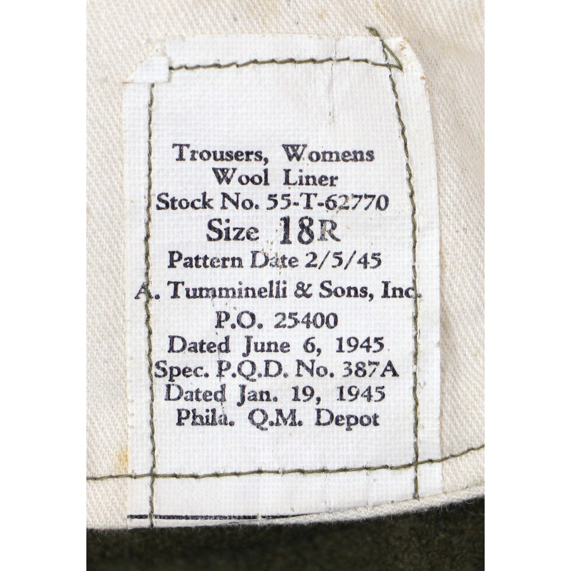 Trousers, Women's, Wool Liner, WAC & Nurse, 18R, 1945, Mint