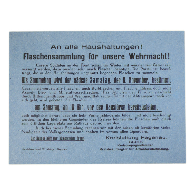 Prospectus, collecte de bouteilles au profit de la Wehrmacht, Haguenau