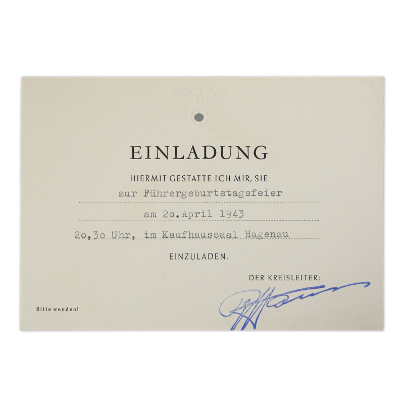 Carton d'invitation, anniversaire d'Adolf Hitler, 20 avril 1943, Haguenau