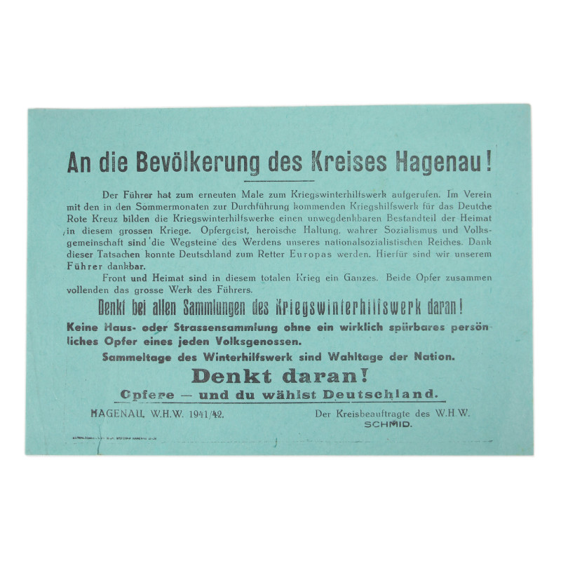 Leaflet, War Winter Relief Organization, Haguenau, 1941-1942