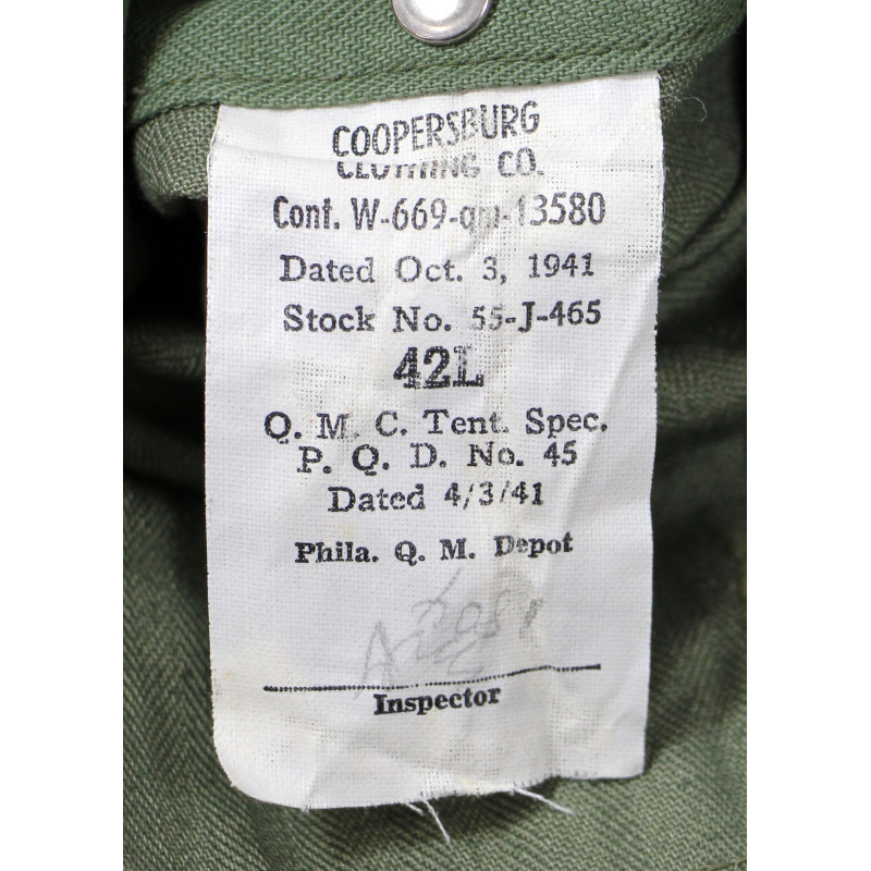Veste de combat, US Army, treillis HBT (Herringbone Twill), 1er type, taille 42L, 1941