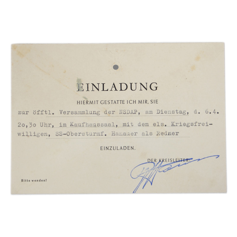 Invitation, NSDAP Meeting, Haguenau