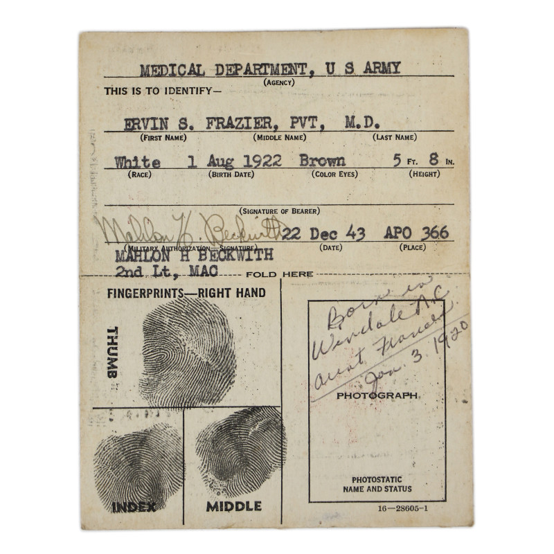 Carte d'identité médicale, 1er type, Pvt. Ervin Frazier, 40th Station Hospital, ETO
