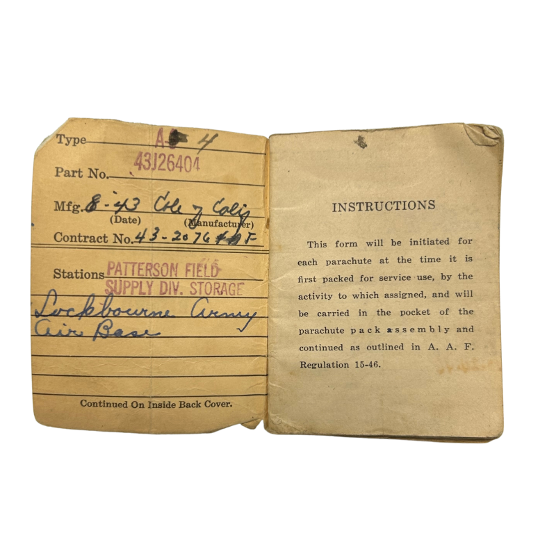 Carnet, Parachute Log Record, A-4, Patterson Field, Islande
