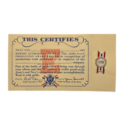 Certificat et Badge, E for Excellence, Army Navy, Sterling