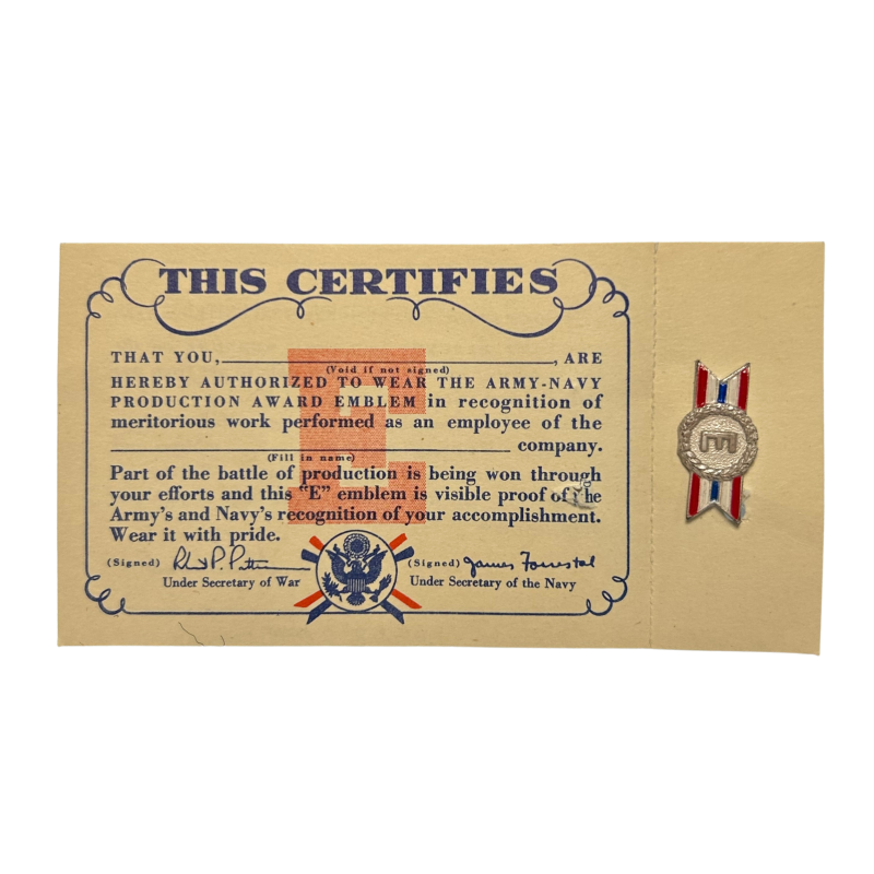 Certificat et Badge, E for Excellence, Army Navy, Sterling