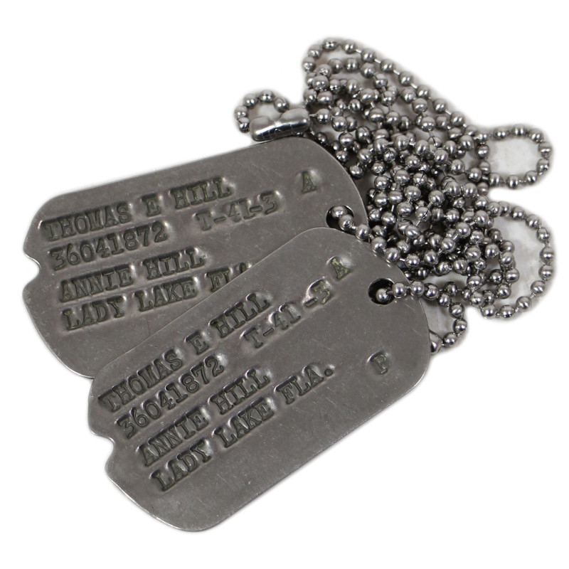 Plaques d'identité, Dog Tags, S/Sgt. Thomas Hill, Medic, 100th General Hospital, ETO