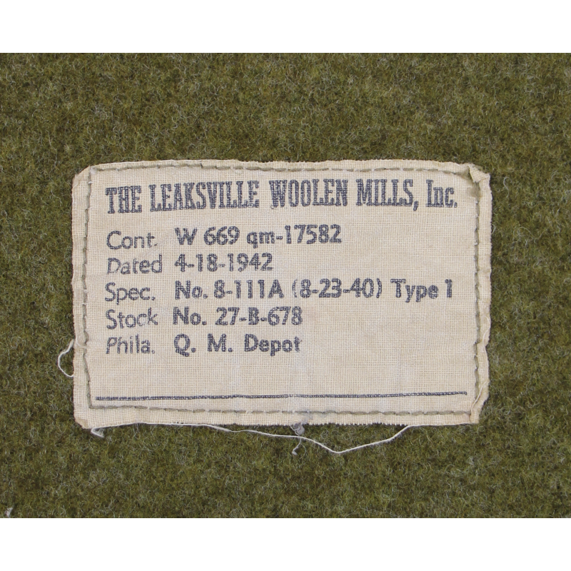 Couverture US Army, THE LEAKSVILLE WOOLEN MILLS, Inc., Type I, 1942