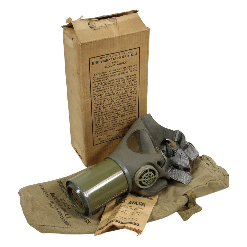 Masque à gaz M1A2-1-1, adulte, complet, dans sa boîte, 1942