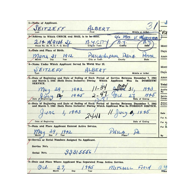 Trousers, Wool Serge, OD, Cpl. Albert Seitzeff, 458th BG, 8th Air Force, USAAF, ETO
