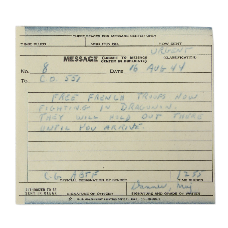 Messages, First Airborne Task Force, August 15-16, 1944, Operation Rugby, Southern France