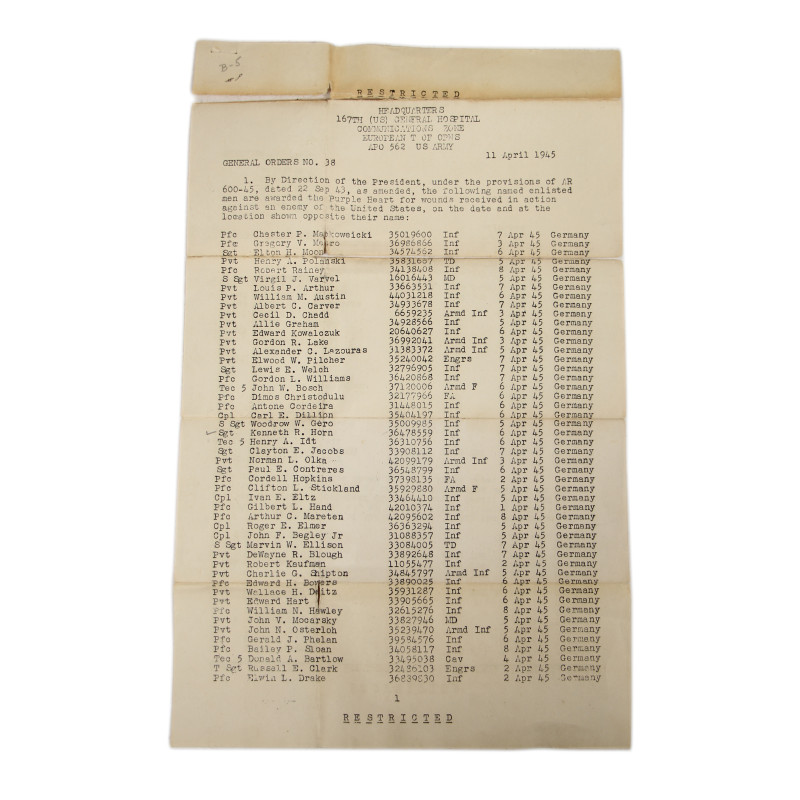 Coffret médaille, Purple Heart, Sgt. Kenneth Horn, Co. D, 13th Inf. Regt., 8th Infantry Division, WIA, ETO, 1945