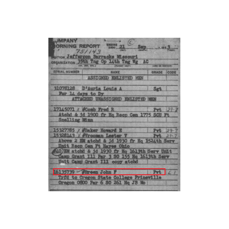 Grouping, Pvt. John Breen, USAAF