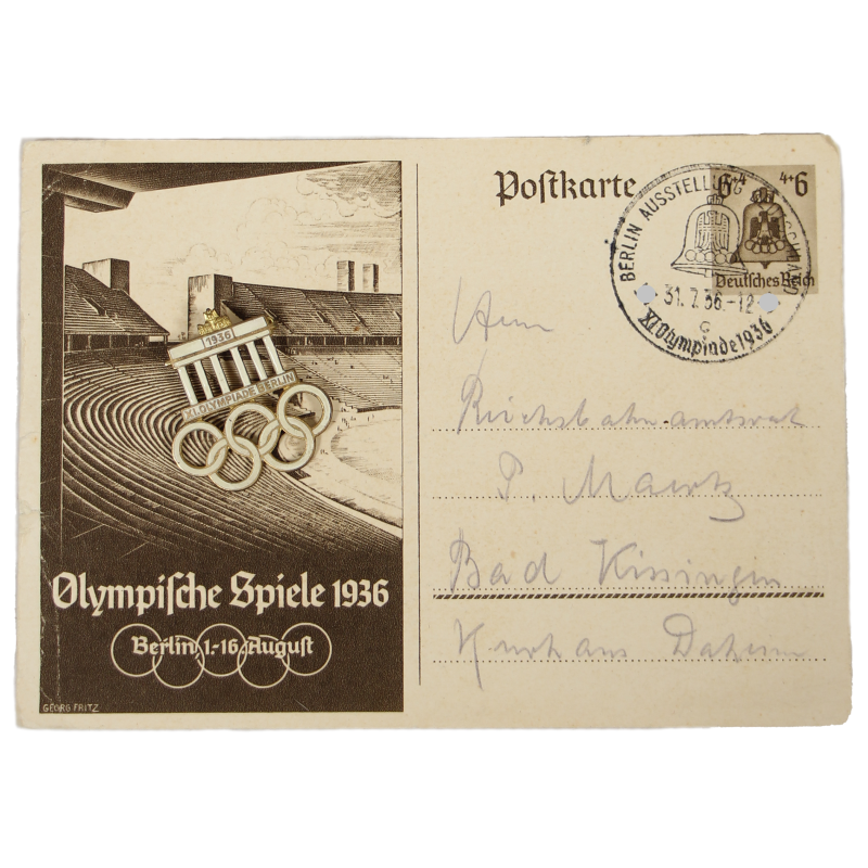 Carte postale et insigne commémoratif, visiteur, Jeux olympiques, Berlin, 1936