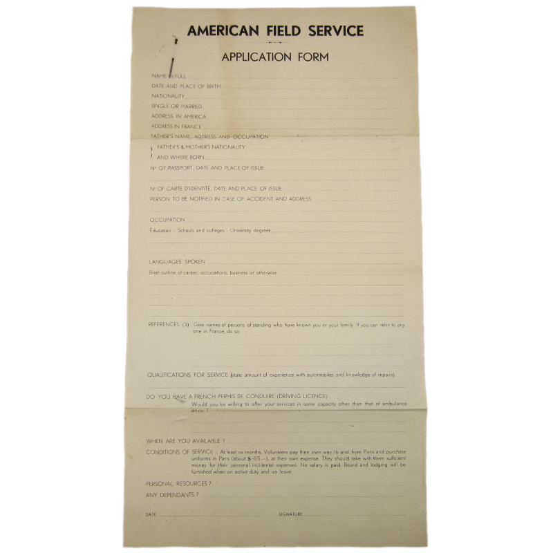 Form, Application, American Field Service