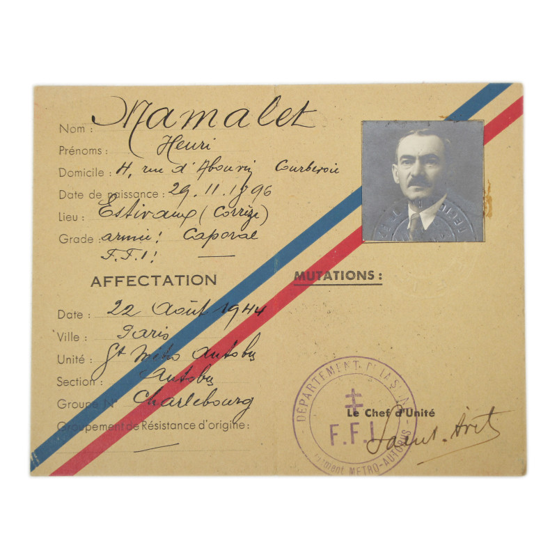 Carte individuelle, Henri Mamalet, Forces Françaises de l'Intérieur, Paris, 1944
