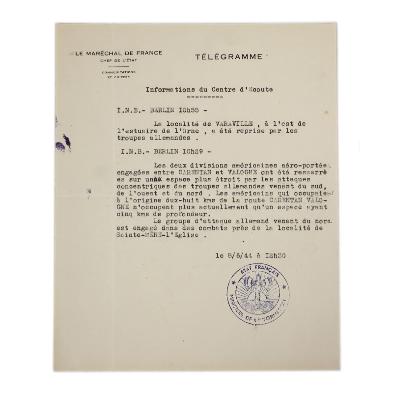 Télégramme, État français, Informations du Centre d'Écoute, 8 juin 1944, Normandie