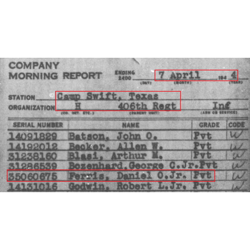 Grouping, Pfc. Daniel Ferris, Jr., Co. H, 406th Inf. Regt., 102nd Infantry Division, ETO